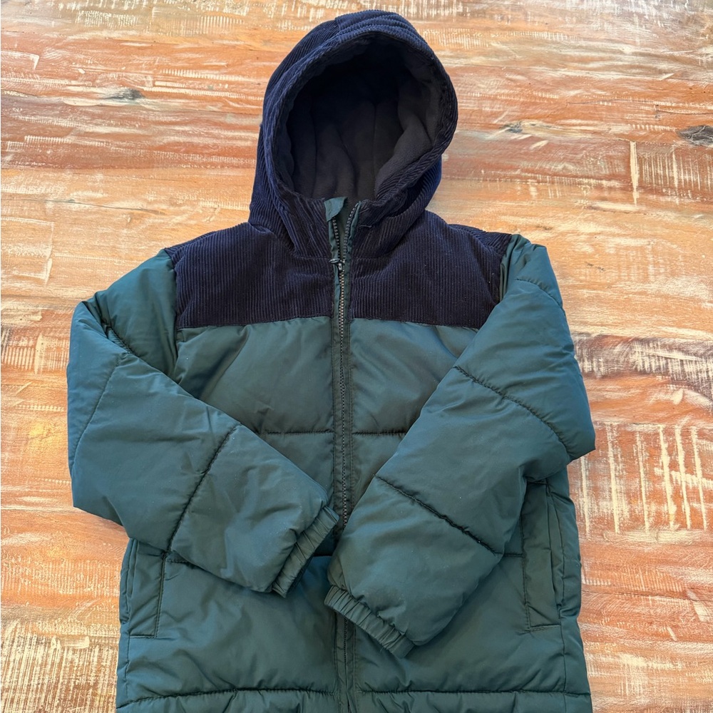 Old Navy Boys Green Hooded Puffer Jacket with Navy Corduroy